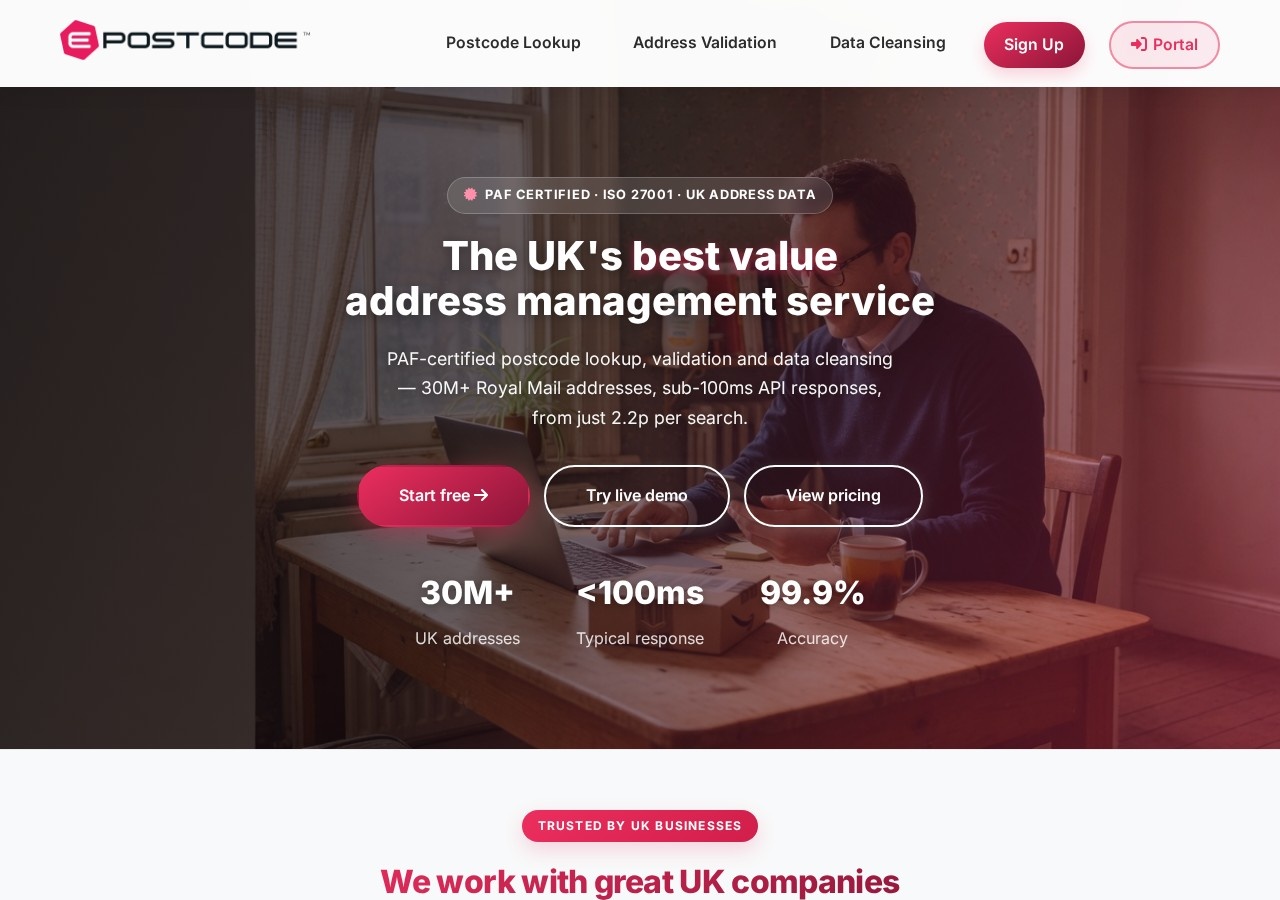 Screenshot of the ePostcode homepage