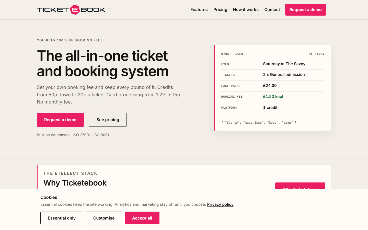 Screenshot of the TicketEBook homepage